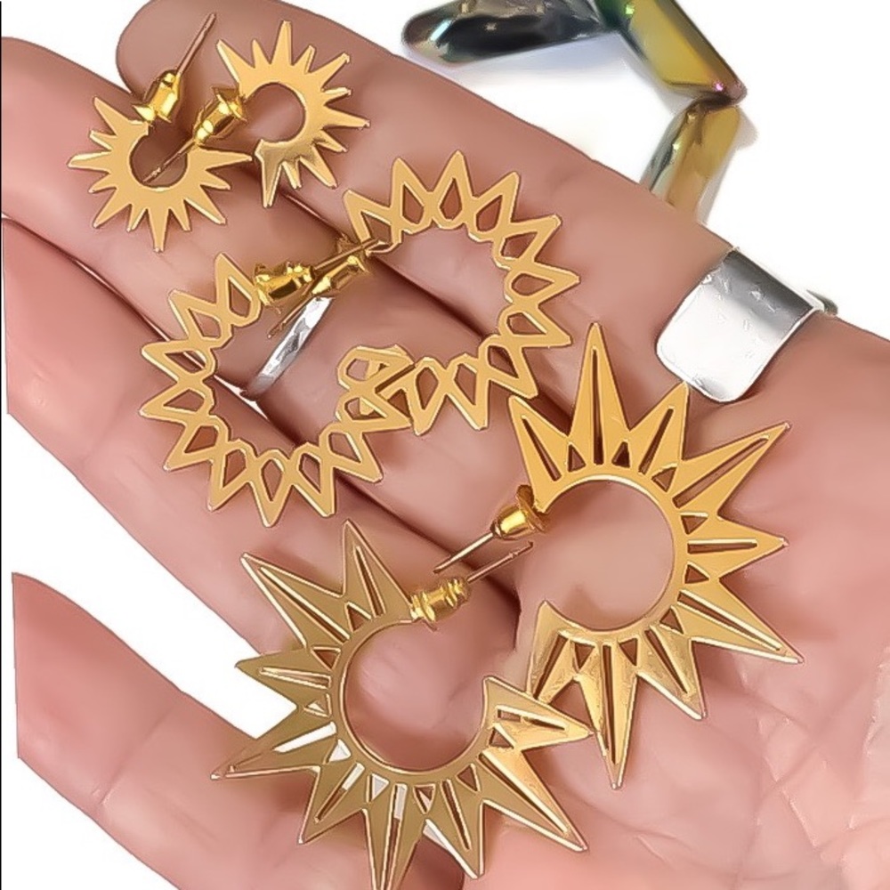3 Pairs of Gold Spike Half Hoop Stud Earrings